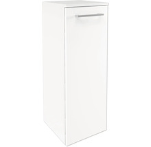 Badezimmerschrank in Weiß mit einer Tür und einem silberfarbenen Metallgriff.