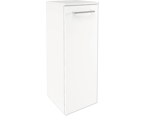 Badezimmerschrank in Weiß mit einer Tür und einem silberfarbenen Metallgriff.