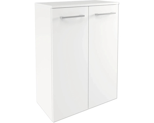Weißer Badunterschrank mit zwei Türen und silberfarbenen Griffen.