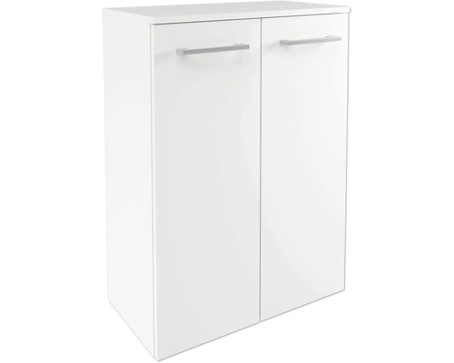 Weißer Badezimmerschrank mit zwei Türen und silberfarbenen Griffen.