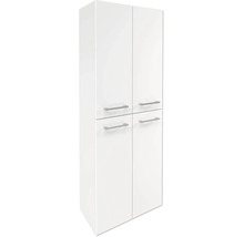 Weißer Badezimmerhochschrank mit vier Türen und silberfarbenen Griffen.
