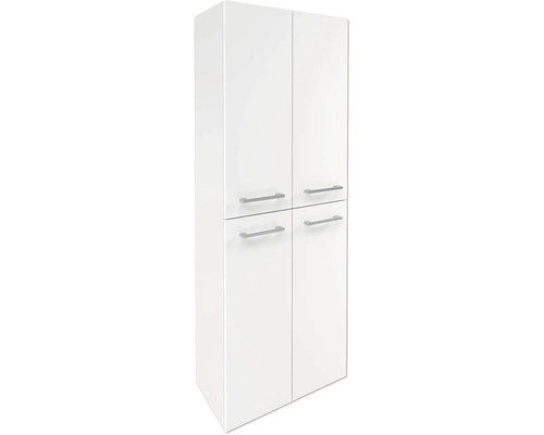 Weißer Badezimmerhochschrank mit vier Türen und silberfarbenen Griffen.