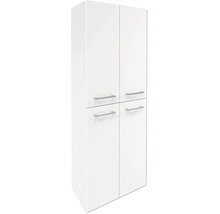 Weißer Badezimmer-Hochschrank mit vier Türen und silberfarbenen Stangengriffen.