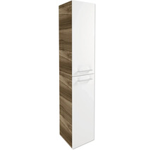 Badhochschrank mit zwei weißen Fronten, Korpus in Holzoptik und silberfarbenen Griffen.