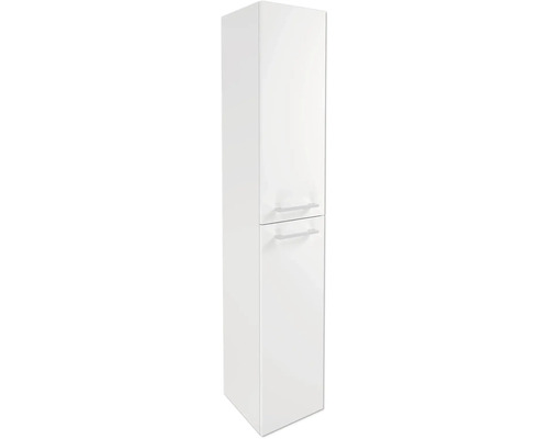 Weißer Badezimmer-Hochschrank mit zwei Türen und horizontalen Griffen.