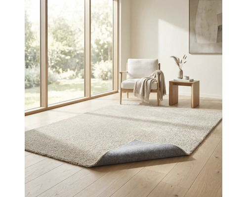 Hochflor-Teppich in einem hellen, modernen Wohnzimmer mit Holzfußboden, eine Ecke zur Ansicht der Rückseite umgeschlagen.