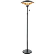 Höhenverstellbarer elektrischer Terrassenheizstrahler mit Infrarot-Heizlampe und rundem Standfuß.