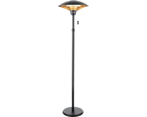 Höhenverstellbarer elektrischer Terrassenheizstrahler mit Infrarot-Heizlampe und rundem Standfuß.