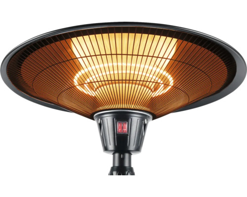 Elektrischer Terrassenstrahler in Schwarz mit Schutzgitter und leuchtendem Heizelement.