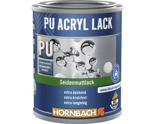 Hornbach PU Acryl Lack seidenmatt, extra deckend, kratzfest und langlebig. Blauer Engel Umweltsiegel und Hornbach Logo.