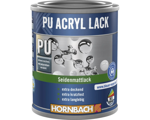 Hornbach PU Acryl Lack seidenmatt, extrem kratzfest, polyurethan-verstärkt, extra deckend und langlebig.