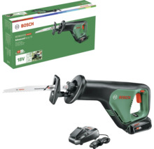 Bosch Akku-Säbelsäge AdvancedRecip 18 in Grün und Schwarz mit 18 Volt Akku, Ladegerät und Verpackung.