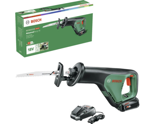 Bosch Akku-Säbelsäge AdvancedRecip 18 in Grün und Schwarz mit 18 Volt Akku, Ladegerät und Verpackung.