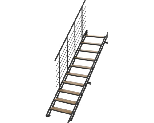 Wangentreppe mit braunen Holzstufen und schwarzem Metallgestell inklusive Geländer.