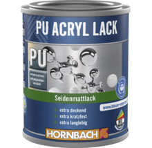 Hornbach PU Acryl Lack Seidenmatt, extra deckend, kratzfest und langlebig, Blauer Engel Umweltsiegel, Hornbach Logo.