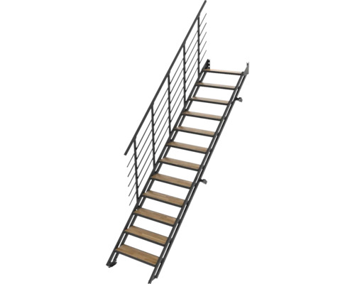 Gerade Treppe mit Metallwangen, Holzstufen und einseitigem Metallgeländer.