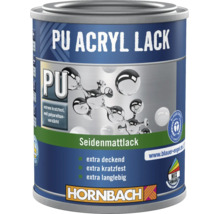 Hornbach Polyurethan Acryl Lack seidenmatt, extrem kratzfest, polyurethanverstärkt, extra deckend, langlebig, Blauer Engel zertifiziert, Hornbach Logo.