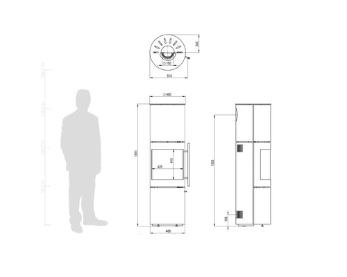 Technische Zeichnung eines Kaminofens mit Maßangaben in Millimetern, Front-, Seiten- und Draufsicht sowie einer Personensilhouette als Größenvergleich.
