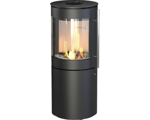 Zylindrischer Kaminofen in Anthrazit mit großer gewölbter Sichtscheibe und brennendem Holzfeuer.