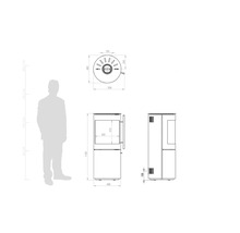 Maßzeichnung eines Kaminofens mit Vorderansicht, Seitenansicht und Draufsicht sowie einem Größenvergleich mit einer Person, Maße in Millimeter.