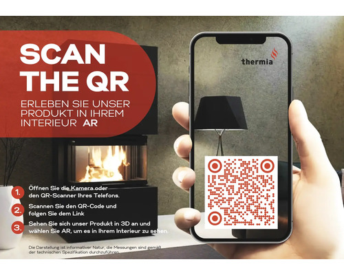 Hand hält Smartphone mit QR-Code und Thermia Logo vor modernem Kaminofen mit brennendem Feuer. Anleitung zur Nutzung von Augmented Reality.
