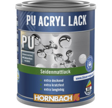 Hornbach PU Acryl Seidenmattlack, extra kratzfest, deckend und langlebig, mit Blauer Engel Zertifizierung und Hornbach Logo.