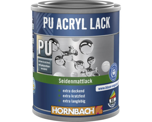 Hornbach PU Acryl Seidenmattlack, extra kratzfest, deckend und langlebig, mit Blauer Engel Zertifizierung und Hornbach Logo.