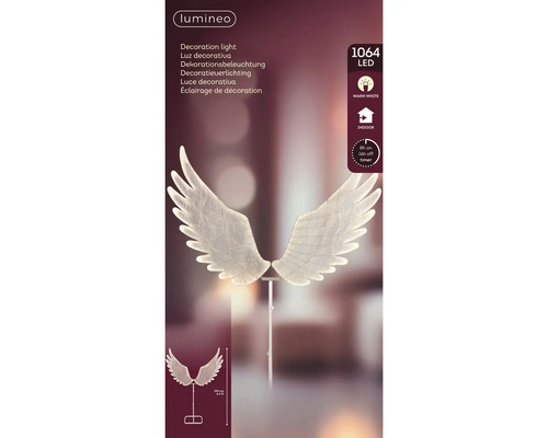 Lumineo LED-Dekorationsleuchte Engelsflügel, 195 Zentimeter hoch, 1064 warmweiße LEDs, 8-Stunden-Timer, Standfuß für innen.