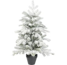 Künstlicher Weihnachtsbaum mit Kunstschnee im schwarzen Topf.