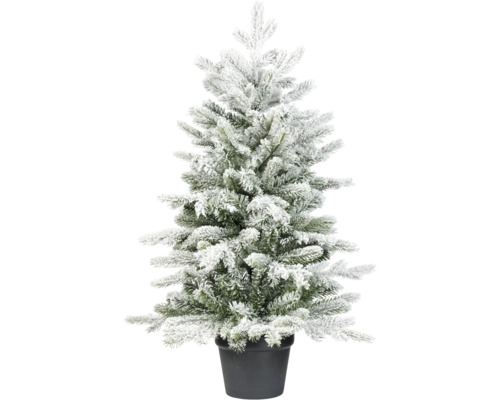 Künstlicher Weihnachtsbaum im Topf mit Kunstschnee