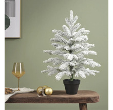 Kleiner verschneiter künstlicher Christbaum im schwarzen Topf auf einem Holztisch mit goldener Weihnachtsdekoration.