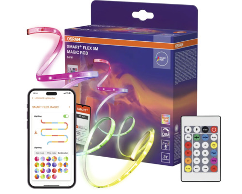 Osram Smart plus Flex 5 Meter Magic RGB LED Streifen mit Verpackung, Fernbedienung und Steuerung per Smartphone App.