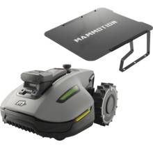 Mammotion Mähroboter und Mammotion Logo auf der Garagenabdeckung für die Ladestation.