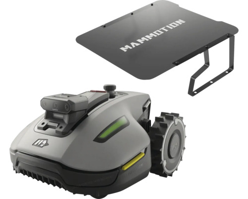 Mammotion Mähroboter und Mammotion Logo auf der Garagenabdeckung für die Ladestation.