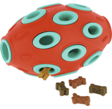 Hundespielzeug Snackball aus Gummi mit Öffnungen für Leckerlis.