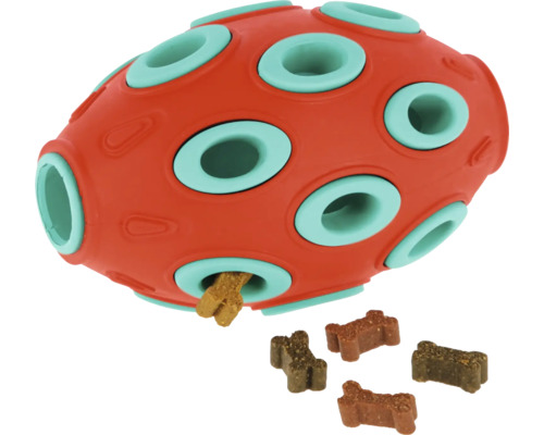 Hundespielzeug Snackball aus Gummi mit Öffnungen für Leckerlis.
