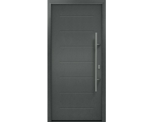 Haustür EcoStar ISOPRO IP 015 1100 x 2100 mm Rechts CH703 anthrazit metallic inkl. Beschlag-Set,Edelstahl Stangengriff,Sicherheitsprofilzylinder mit 5 Schlüsseln Graue Haustür mit Edelstahlgriff und horizontalen Zierlinien