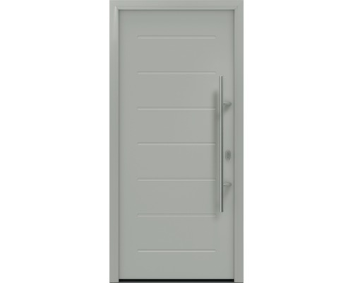 Haustür EcoStar ISOPRO IP 015 1100 x 2100 mm Rechts RAL 9006 weißaluminium matt inkl. Beschlag-Set,Edelstahl Stangengriff,Sicherheitsprofilzylinder mit 5 Schlüsseln Moderne Haustür mit Edelstahlgriff und horizontalen Linien