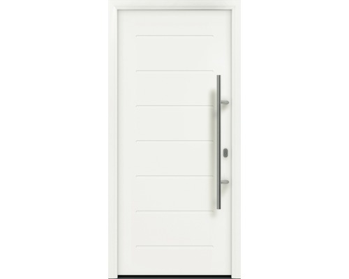 Haustür EcoStar ISOPRO IP 015 1100 x 2100 mm Rechts RAL 9016 verkehrsweiß inkl. Beschlag-Set,Edelstahl Stangengriff,Sicherheitsprofilzylinder mit 5 Schlüsseln Weiße Haustür mit Edelstahlgriff und horizontalen Zierfräsungen.