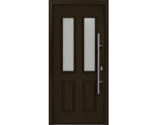 Haustür EcoStar ISOPRO IP 410 S 1100 x 2100 mm Rechts RAL 8028 terrabraun inkl. Beschlag-Set,Edelstahl Stangengriff,Sicherheitsprofilzylinder mit 5 Schlüsseln Braune Haustür mit zwei rechteckigen Glaseinsätzen und Edelstahlgriff