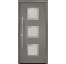 Graue Haustür mit drei quadratischen Glaseinsätzen und Griff