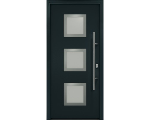 Haustür EcoStar ISOPRO IP 810S 1100 x 2100 mm Rechts RAL 7016 anthrazitgrau inkl. Beschlag-Set,Edelstahl Stangengriff,Sicherheitsprofilzylinder mit 5 Schlüsseln Haustür mit drei quadratischen Glaseinsätzen und einem Griff