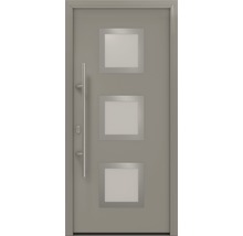Moderne Haustür mit drei quadratischen Fenstern und Edelstahlgriff