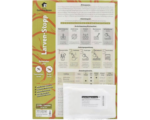 biohelp Garten & Bienen Logo, Larven-Stopp Nematoden gegen Trauermücken und Thrips, Infoblatt und Säckchen für bis zu 5 Quadratmeter.