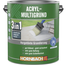 Hornbach Acryl-Multigrund 3 in 1, vorgetönte Grundierung, Haftgrund und Vorlack mit Umweltsiegel Blauer Engel. Hornbach Logo.