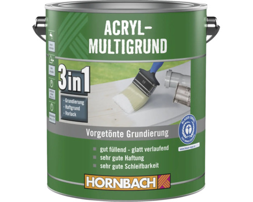 Hornbach Acryl-Multigrund 3 in 1, vorgetönte Grundierung, Haftgrund und Vorlack mit Umweltsiegel Blauer Engel. Hornbach Logo.