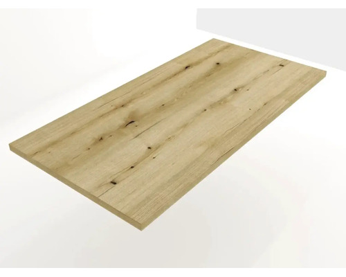 Rechteckige Holzplatte mit natürlicher Maserung und Astlöchern, geeignet als Tischplatte oder Regalboden.