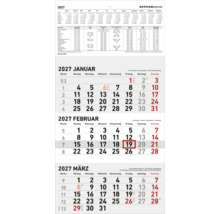 ZETTLER Wandkalender 2027 mit Dreimonatsansicht von Jänner bis März und einer Ferienübersicht für Deutschland.