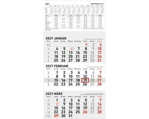 ZETTLER Wandkalender 2027 mit Dreimonatsansicht von Jänner bis März und einer Ferienübersicht für Deutschland.