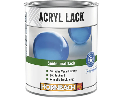 Hornbach Acryllack seidenmatt in der Dose, schnelltrocknend und gut deckend, mit dem Umweltsiegel Blauer Engel.